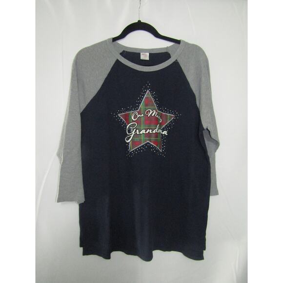 Holiday Time L Thermal Christmas Shirt One Merry Grandma Plaid Star Top Raglan - Picture 1 of 7